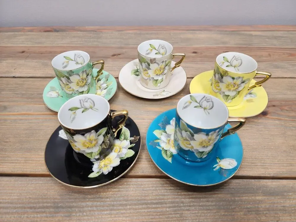 Victorian Porcelain Tea Espresso Cups Saucers Floral Gold Accent Arnalt Creation
